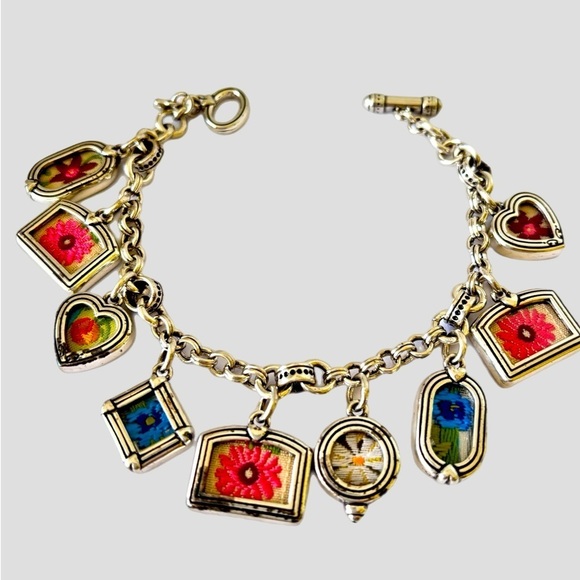 Vintage Brighton Charm Bracelet: White Etched Beads, Lotus  Brighton Love Memories Charm bracelet embroidery Flowers Dangle Double side 8 “